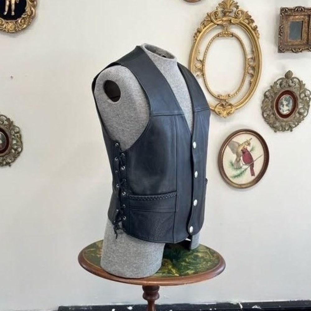 Vintage Biker Leather Side-Lace Snap Vest Jacket Size M Black